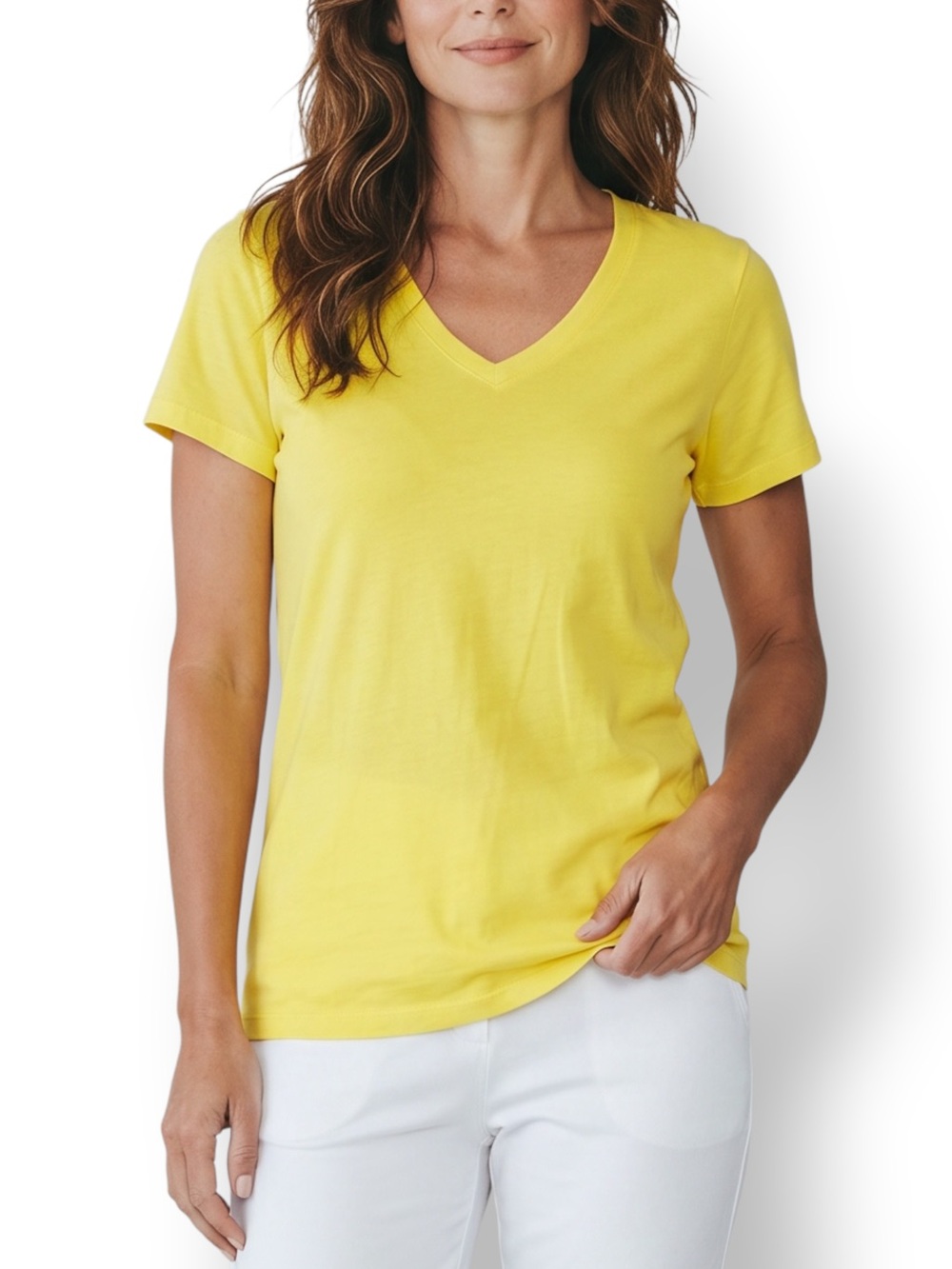 4/$20 Active Basic Neon Yellow V-Neck Stretch Tee Short Sleeve Cotton Blend Top